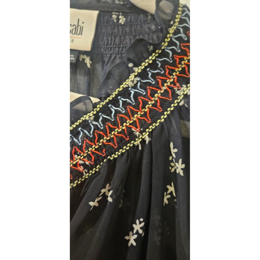 CAbi Sheer Embroidered Boho Blouse Small Navy Floral Tassel Tie Peasant Top - Picture 7 of 10